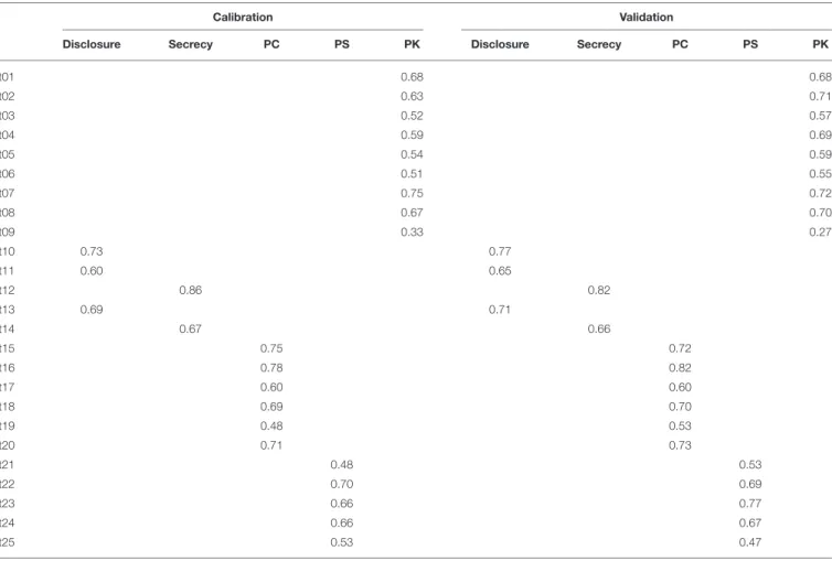TABLE A2 | Factor loadings of the structural model represented in Figure 3, estimated in the calibration and validation samples (based on ML estimator).