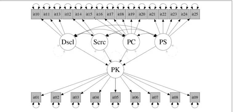 FIGURE 3 | Structural model. Dscl, Disclosure; Scrc, Secrecy; PS, Parental Solicitation; PC, Parental Control (PC); PK, Parental Knowledge.