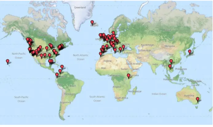 Figure 3.1 Worldwide map marking every location a guest participant stayed at an Airbnb  lodging (map created by author using ZeeMaps.com) 