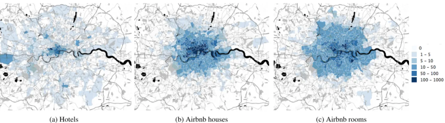 Figure 1: Heat maps of the number of hotels, Airbnb houses, and Airbnb rooms in each London ward