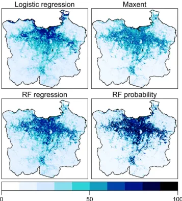 Fig. 2. Predicted fractional impervious surface area (%) by four models for study 1: Logistic regression (Left upper), MaxEnt (Right upper), RF regression (Leftbottom), and RF probability (Right bottom).