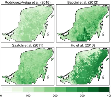 Fig. 3. Four aboveground biomass datasets (units: Mg ha−1) for the Yucatan peninsula, Mexico for study 2.
