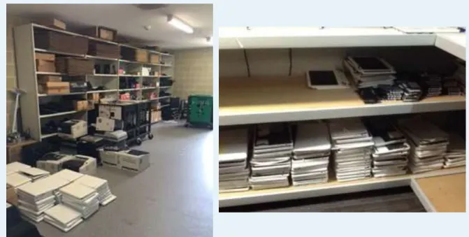 Figure  13:  Examples  of  schools  stockpiling  broken  and  end  of  life  laptops  for  parts  to  repair  other devices or awaiting disposal