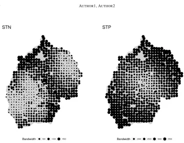 Figure 4: Spatial variation in local bandwidth size (in metres) of the hyper-local GWR mod-els of STN and STP.