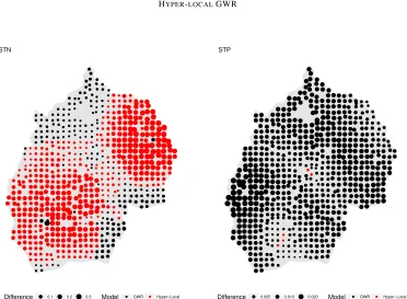 Figure 8: Maps of the difference in local RGWR models. Locations in red indicate where a hyper-local GWR model resulted in abetter ﬁtting model and (black for GWR) and the size of the plot characters indicate the2 values under standard GWR and hyper-localmagnitude of the difference.