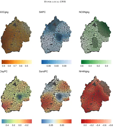 Figure 3: Spatial variation in coefﬁcient estimates from a standard GWR model of STP.Signiﬁcant t-values are indicated by the black shaded points.