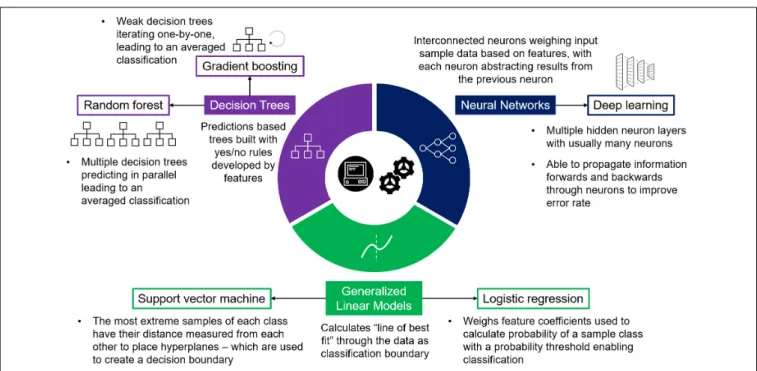 FIGURE 2 | Supervised Machine Learning Models. Diagram detailing three machine learning model bases used in supervised learning, each providing varying algorithms most commonly used in post-GWAS prioritization.