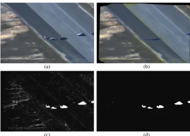 Fig. 1. (a) is a reference frame 411 from PETS2005 dataset sequence EgTest02 (b) is the mean background model of the image sequence with the proposed methods