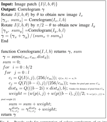 Fig. 4. Pseudo code for computation of colour correlogram of an image region.