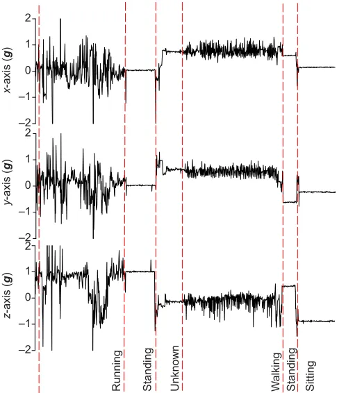 Fig. 1. Behavioural mode annotation of the raw tri-axial acceleration datastream before designation of the feature vectors