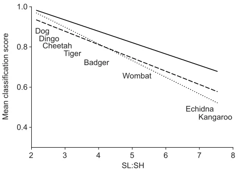 Fig. 3. The relationship between the species spine length to spine heightabove the ground ratio (SL:SH) and the binary classification score formodule accuracy (solid line; y=–0.05x+1.13, r2=0.74), precision (dotted line;y=–0.07x+1.07, r2=0.74), and sensiti