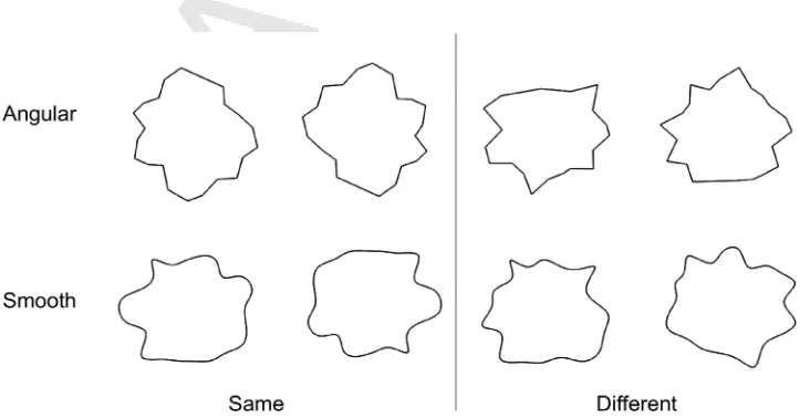 Figure 7.Experiment 2b: Examples of angular and smooth stimuli. The first panel shows examples in whichthe pair of shapes matches (“same”), and the second panel shows examples in which the pair did not match(“different”)