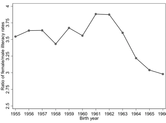 Figure 6. Ratio of female-to-male illiteracy rates in rural areas, by age in 2000 
