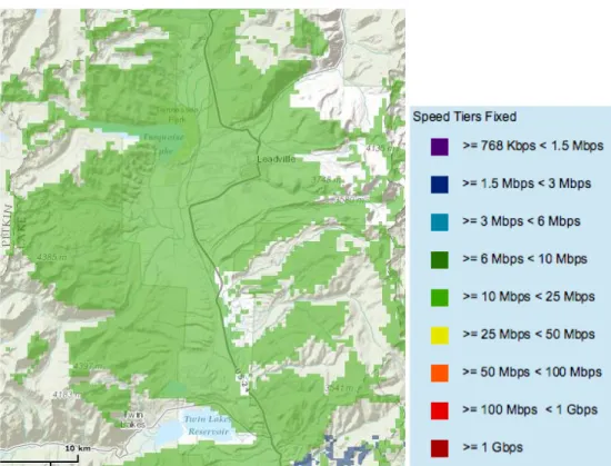 Figure	  3	  Map	  of	  advertised	  fixed	  wireless	  speeds	  indicates	  speeds	  of	  up	  to	  25	  mbps	  are	   	  