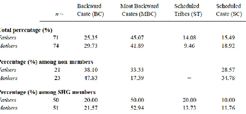 Table  1  presents  the  sample  group  divided  by  membership  and  caste. 