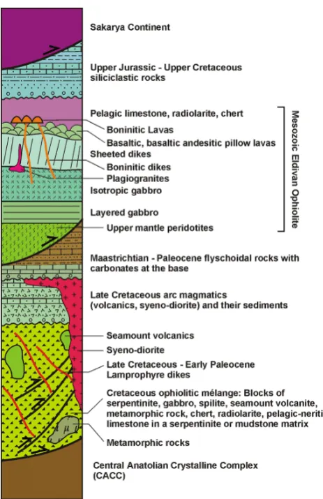 Fig. 3b. The generalized tectonostratigraphic columnar sectionshowing the igneous pseudostratigraphy and internal structure ofthe Eldivan ophiolite, the Ankara Mélange and the island arc mag-matic rocks, their tectonic basement, and sedimentary cover.