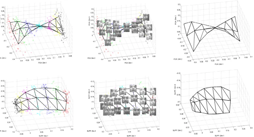 Fig. 4.5.  Two different projection spaces: PCA on top, supervised LPP on bottom.  On left, raw data with polynomial grid overlay