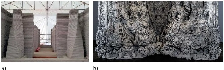 Figure 1. Examples of digital construction approaches: a) structural elements produced on-site using selective material deposition by extrusion [4], b) complex structure of Digital Grotesque II produced in a stationary 3D-printer using selective binding technique [11]  