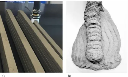 Figure 4.  a) 3D-printed fine-grained concrete specimens (up to five printed layers are depicted here, time interval was 30 s), b) a collapsed printed specimen with buildability deficiency