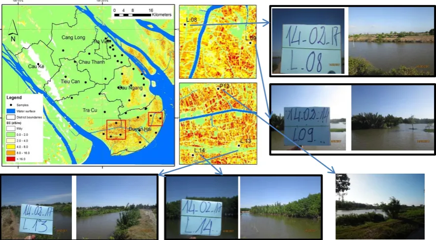 Figure 8. Soil salinity map with depth from 0 cm to 20 cm in Tra Vinh Province, derived from Landsat 8 OLI using NIR channel