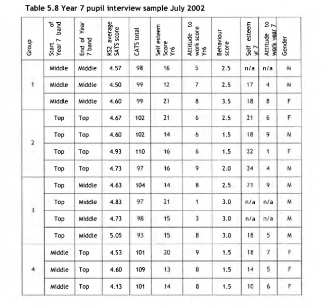 Table 5.8 Year 7 pupil interview sample July 2002 