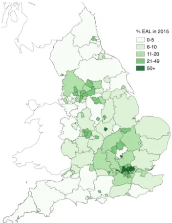 Figure 1.2: Percentage enrolment of pupils with EAL in English primary schools by Local Author- Author-ity (map created using data from DfE, 2015b)