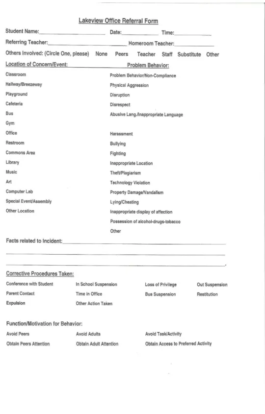 Figure 2.  New version of the office referral form after implementing SWIS. It now has a place  for teachers to include the student’s motivation for their behavior as well as more options for  location and problem behavior