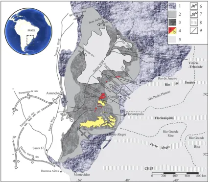 Fig. 1. Map of the Paraná Basin with the location of the acidic members of the Serra Geral Formation according to Nardy et al