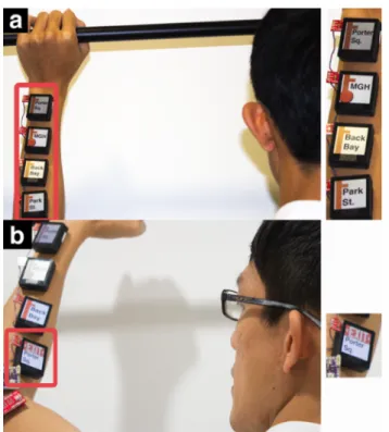 Figure 5. (a) The forearm serves as public display in a train,  showing an overview of the next stops