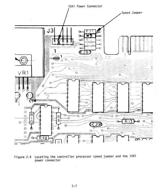 Figure 2.4 Locating the controller processor speed jumper and the 1041 power connector 