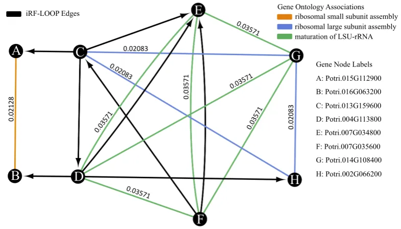 Figure 8. Graph (a) shows the null distribution histogram (blue) and the iRF network score (red) for thetop 10 percent of edges