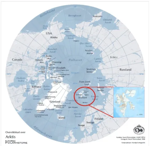 Figure 2.1:  Map showing the location of The Svalbard Archipelago (inset) situated in the Arctic region in  the Northern Hemisphere