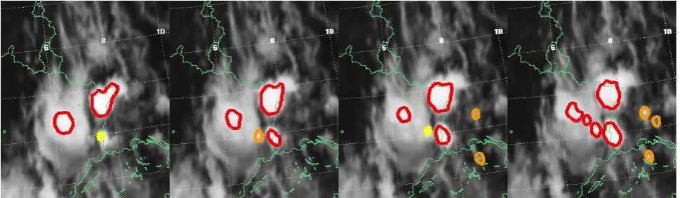 Fig. 6. Development of new thunderstorm cells in an orographic environment over the Black Forest and Jura Mountains in the night of3 July 2010 between 22:30 and 23:15 UTC