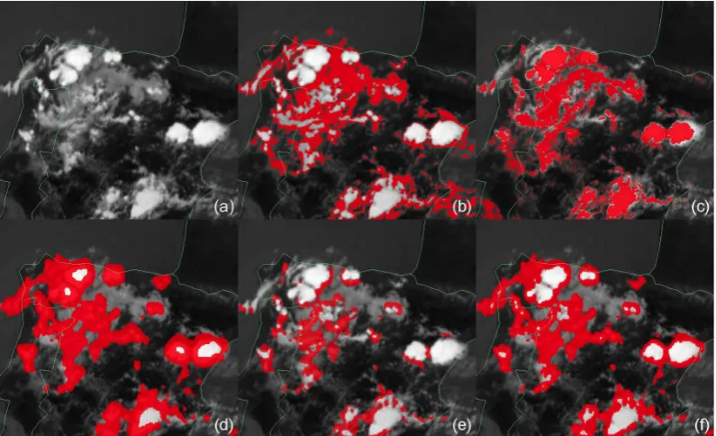 Fig. 1. Limitation to IF: (a) IR10.8 cloud scene over Iberian Peninsula with various (convective) cloud types