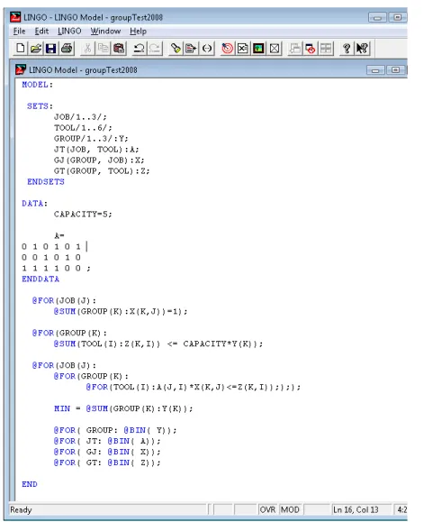 Figure 5.1: An simple instance of the job grouping problem modelled with LINGO.