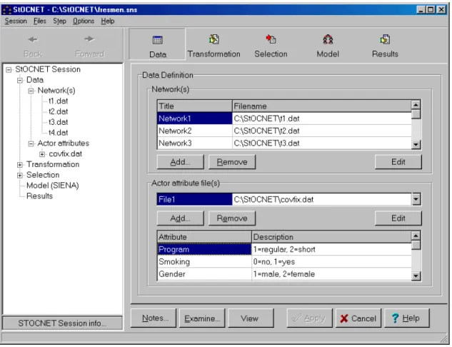 Figure 1.  Step1 in a StOCNET session – Data definition.