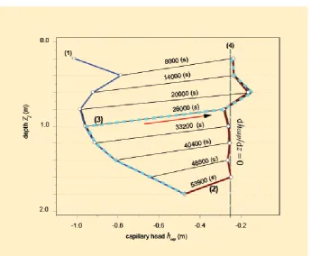 Figure 8: Profiles of capillary heads, hcap(z,Tk  ) at times Tk = 8‘000, 14‘000, 20‘000, 26‘000, 