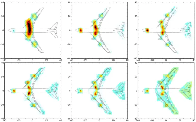 Figure 4: Results of the classical beamforming analysis for a fly-over with extended landing gears from the low-frequency array; θ = 90 ◦ , 10 dB dynamic range, from left to right, top: 200 Hz, 315 Hz, 400 Hz; bottom: 500 Hz, 630 Hz, and 800 Hz