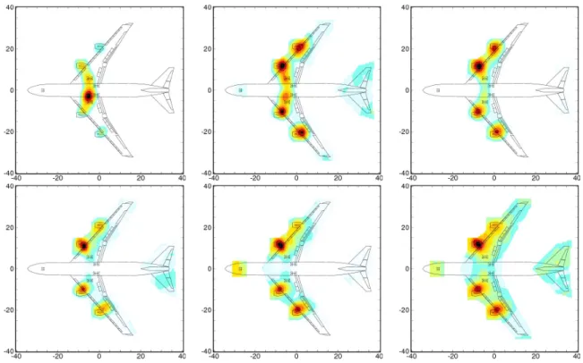 Figure 7: Results of the classical beamforming analysis for a fly-over with extended landing gears from the high-frequency array; from left to right, top: 3150 Hz, 4000 Hz, and 5000 Hz; bottom: 6300 Hz, 8000 Hz, and 10000 Hz