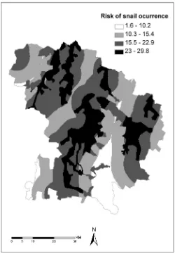 Fig. 7. Map showing predicted risk of occurrence of Lymnaea and Indoplanorbis spp. in Rohtak and Jhajjar districts of Haryana, India.