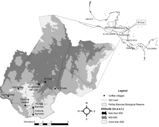 Figure 3.1. Location of the eight coffee villages sampled within the Nicaraguan study  area 