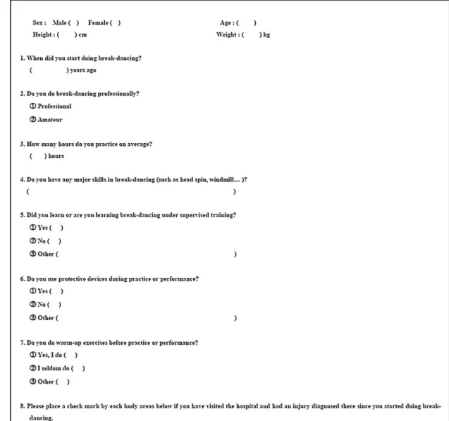 Fig. 1. The questionnaire completed by break-dancers in this study.