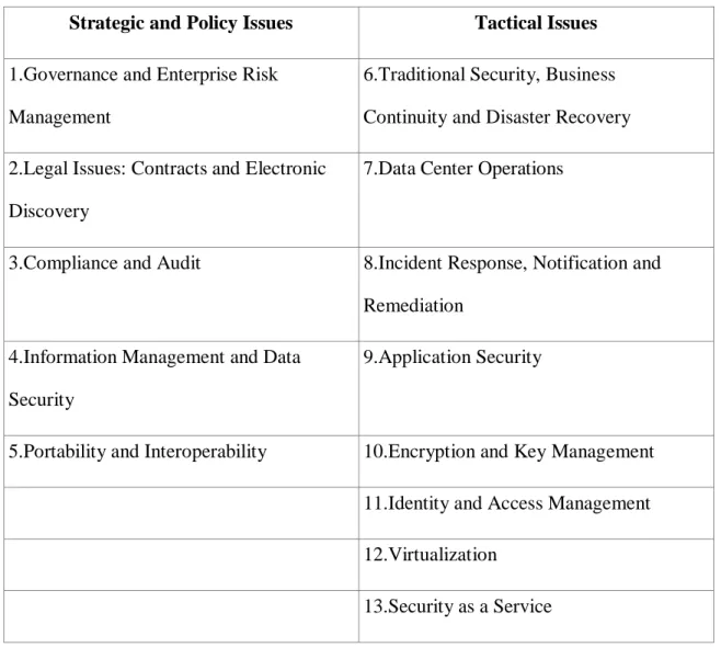 Table 1: Security Issues identified by CSA  Strategic and Policy Issues  Tactical Issues  1.Governance and Enterprise Risk  