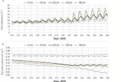 Fig. 9. Relationship between deviations of soil water content values from average daily values (Äè) and deviations of soil temperaturefrom�average�daily�values�(Ät)�in the�soil�depths 10�cm�(a)�and�25�cm�(b)�in�the�period�of�29th�June�to�5th�July�2010�(179.-185.�day).