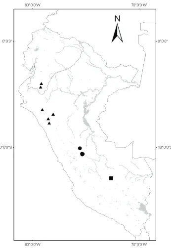 Figure 2. Distribution of Solanum kulliwaita (circles), S. dillonii (triangles) and S