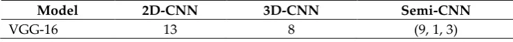 Table 1. Configuration comparison for 2D, 3D and semi-CNN architecture, using base model VGG, ResNet and DenseNet