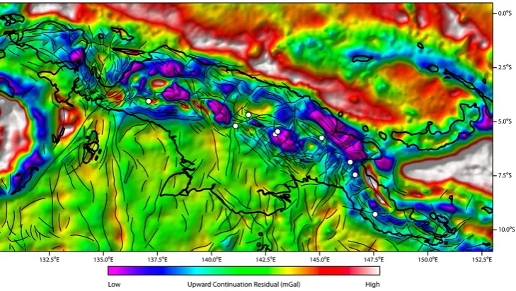 Fig. 10. A new lineament map was generated by interpreting structural features in the free-air, Bouguer and the various UCR ﬁlteredgravity data sets