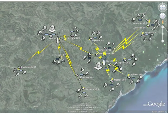 Figure  7.2:  Network  infrastructure  of  the  SLL  points  of  presence  in  Dwesa      (connected  schools) by the SLL.( © 2011, Google Images