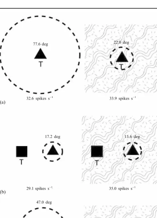 Figure 3. Summary of the receptive-field sizes of IT neurons to a 5 deg effective stimulus pre- pre-sented in either a blank background (blank screen) or in a natural scene (complex background).
