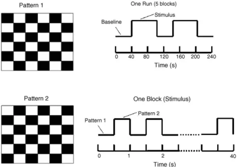 Fig. 1. Experimental design. One block composed of 2 Hz pattern reversal checkerboard stimuli (patterns 1 and 2) repeated for 40 s